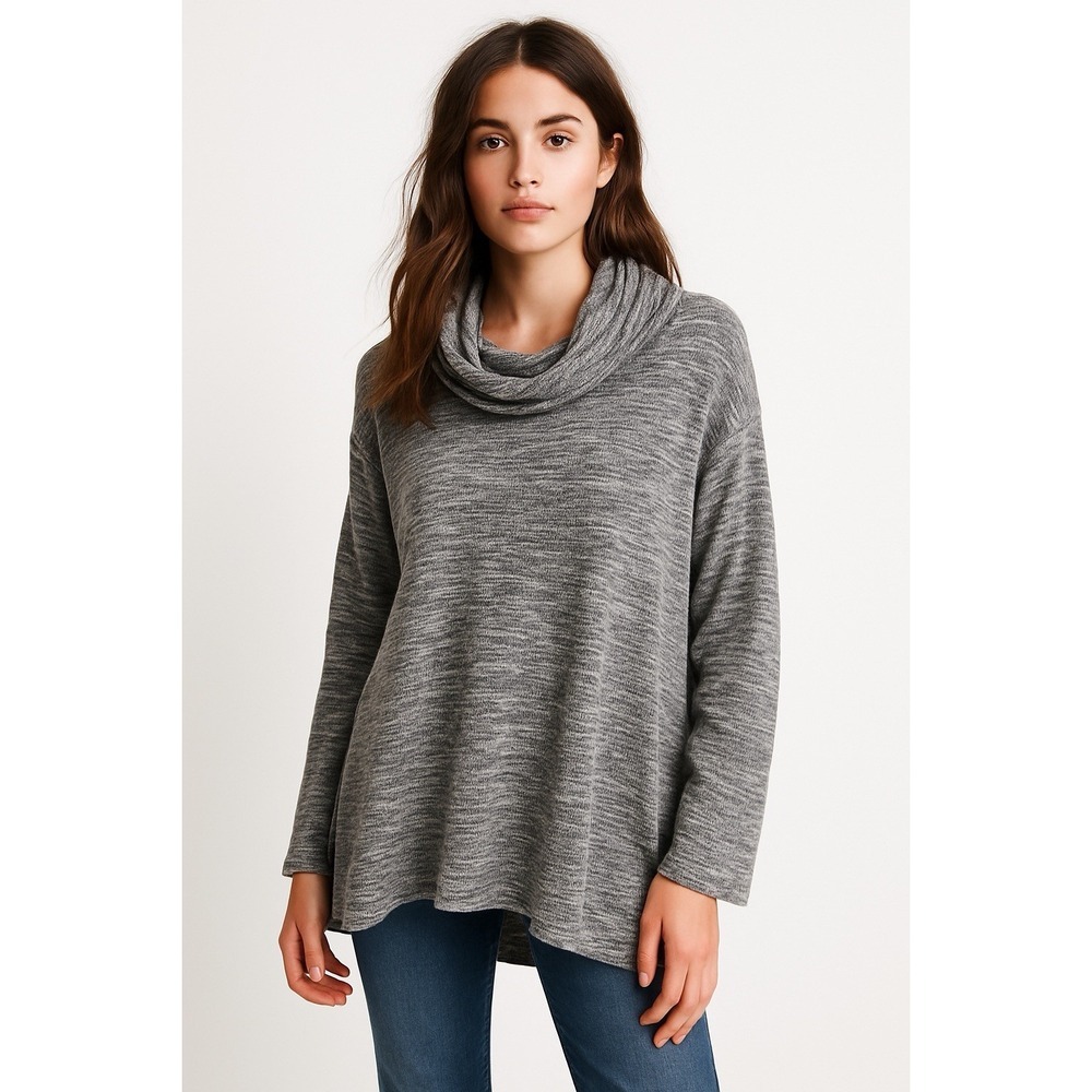 Sunday XS Cowl Neck Tunic Top Gray Marled Knit Long Sleeve Stretch Cozy‎